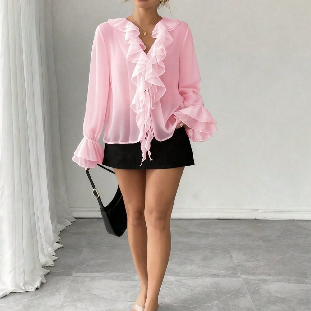 Pink Casual Women's French Elegant Chiffon Lantern Sleeve V Neck Blouse - Picture 6 of 6